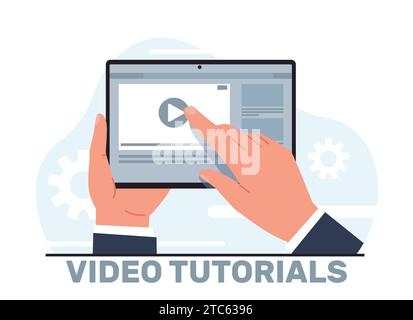 Hands holding tablet with video lessons. Man hold laptop, play sign on device scree, online education, conference and webinar, tutorial and training Stock Vector