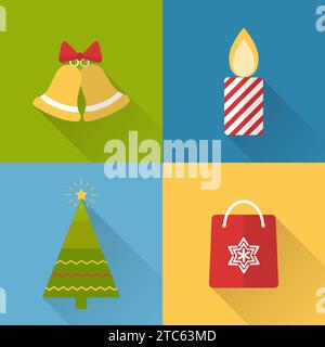 Collection of flat style Christmas icons with long shadow Stock Vector