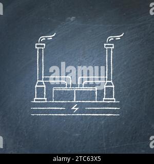 Outline geothermal power plant icon sketch on chalkboard. Alternative renewable energy concept symbol - chalk drawing on blackboard. Stock Vector