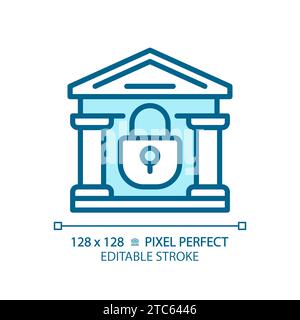 2D thin linear pixel perfect simple blue closed bank icon Stock Vector