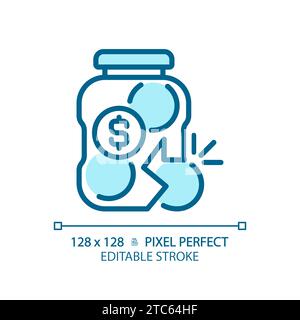 2D thin linear pixel perfect blue broken glass jar icon Stock Vector