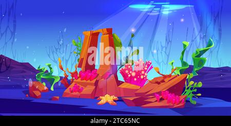 Seabed with bright underwater corals, stones and algae. Cartoon vector of sandy bottom of sea, ocean, or aquarium covered with layer of water with bubbles. Seascape with marine plants and creatures. Stock Vector