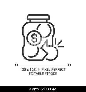 2D thin linear pixel perfect black broken glass jar icon Stock Vector