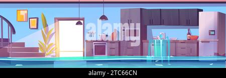 Kitchen flooded with water from clogged sink. Water flow from tap and spill on floor of modern cooking room with furniture, appliances and dishes. Home disaster - broken and leaking plumbing or pipes. Stock Vector