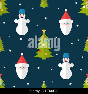 Christmas seamless pattern with fir trees, snowmen and Santa in flat style Stock Vector