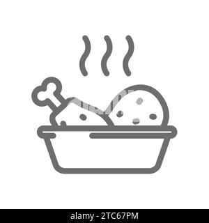 Baked dish line vector icon. Baking meal, hot casserole with chicken legs, editable stroke. Stock Vector