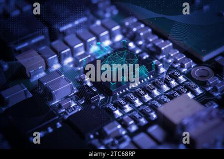 Modern electronic circuit board with processor, integrated circuits and surface mounted passive components close up. Technology background Stock Photo