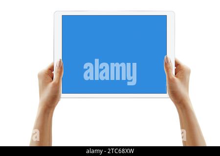 Female hands holding tablet with blank screen isolated Stock Photo