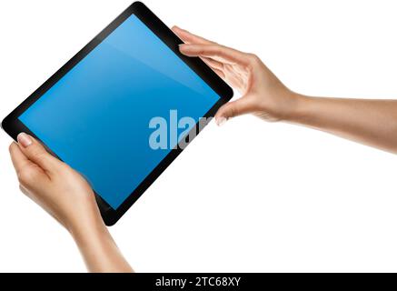 Female hands holding tablet with blank screen isolated Stock Photo