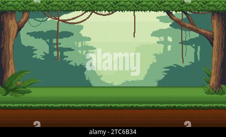 Pixel art seamless landscape with tropical forest, lake and hanging ...