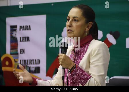 December 10, 2023 in Mexico City, Mexico:  The sole pre-candidate of Morena, PT and PV for the presidency of Mexico; Claudia Sheinbaum Pardo, attends the presentation of the book ''The Merry Boys of Class Struggle'' by the writer and director of the Economic Culture Fund (FCE); Paco Ignacio Taibo ll, during the 15th Alameda Central Book Fair. ON December 10, 2023. In Mexico City. (Photo by Carlos Santiago/ Eyepix Group) (Photo by Eyepix/NurPhoto) Stock Photo