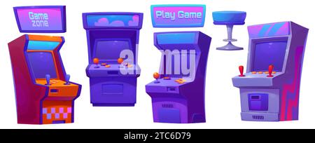 Retro game machines set isolated on white background. Vector cartoon illustration of retro arcade cabinets with buttons and console joystick, 80s vintage pinball club equipment, interior elements Stock Vector