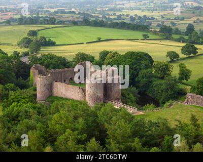 Aerial view of the ruins of White Castle (Llantilio Castle), one of the 'Three Castles' in Monmouthshire, Wales.  Summer (June) 2023. Stock Photo