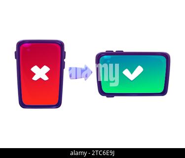 Smartphone icons with red and green screens isolated on white background. Vector cartoon illustration of modern phone turned vertical and horizontal, cross and tick signs, use of mobile application Stock Vector