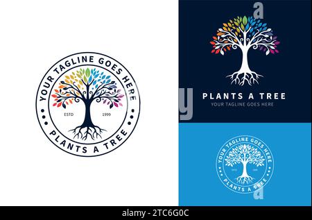 Classic Oak Tree Root Silhouette with bright colored leaves. Residential landscape label stamp logo design with dark white background Stock Vector