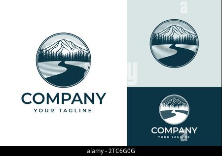 Mountain Peak Peak with Forest Silhouette Larch Tree Fir Pine Black White for Adventure Vintage Circle Label Design Logo Landscape Outdoor Stock Vector