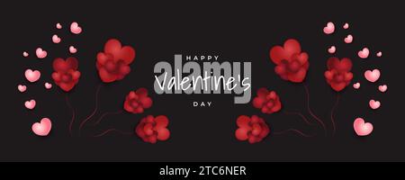 Horizontal Valentine's Day Banner with Red and Pink Hearts Isolated on Black Background. Happy Valentines Day Typography Stock Vector