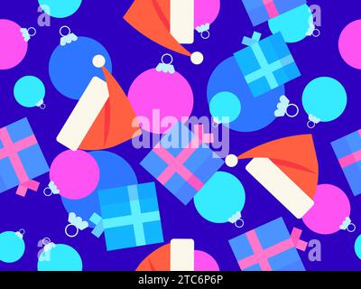 Christmas seamless pattern with gift boxes, Christmas balls and Santa Claus hats. Christmas decoration for greeting card, wrapping paper, banner and p Stock Vector