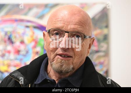 Czech painter Michael Rittstein on a press guided tour of his exhibition Feet on the Table at the Kampa Museum in Prague, Czech Republic, December 8, 2023. Michael Rittstein is one of the leading representatives of Czech expressive figurative painting. He headed the painting studio at the Academy of Fine Arts in Prague for seventeen years. His work is represented in the Albertina Museum in Vienna, the Centre Pompidou in Paris, the Danubiana Meulensteen Art Museum in Bratislava and the National Gallery in Prague. (CTK Photo/Michal Kamaryt) Stock Photo