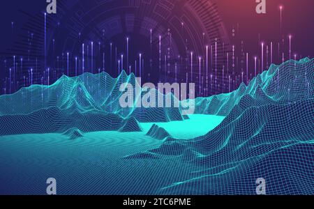 Big Data. Abstract digital futuristic wireframe vector illustration on technology background. Data mining and management concept. Hand drawn art. Stock Vector