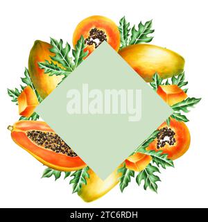 Marker frame, logo and templates with sweet ripe slice of papaya with grains in watercolor style. Hand drawn realistic tasty organic illustration of e Stock Photo