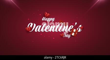 Valentine's Day Background with Red Heart and Gift Box Illustration and Shining Red Light. Valentine's Day Typography for Card or Banner Stock Vector