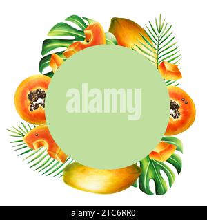 Marker frame, logo and templates with sweet ripe slice of papaya with grains, tropical leafs, monstera in watercolor style. Hand drawn realistic tasty Stock Photo