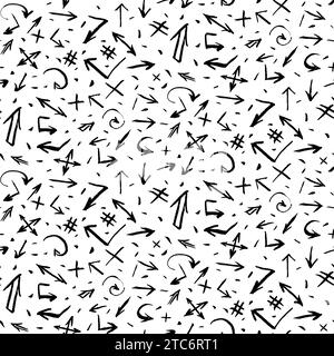 Grunge arrows and symbols seamless pattern with hand drawn Grunge Arrows. Ornament for printing on fabric, cover and packaging. Simple black and white Stock Vector