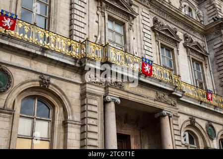 Lyon , France - 11 07 2023 : hotel de ville sign text french and logo town in facade City hall golden balcony in Lyon France Stock Photo