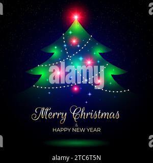 Merry christmas and happy new year greeting card. Christmas tree, lights, shiny gold, dark blue background. Design for invitation, greeting card, wall Stock Vector