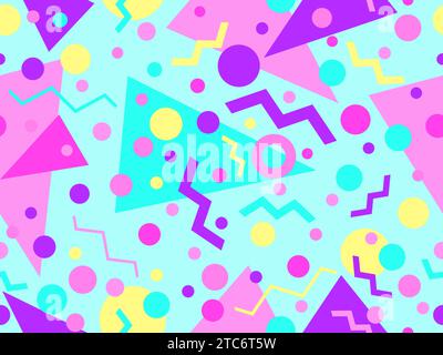 Memphis seamless pattern with geometric shapes in 80s and 90s style. Geometric shapes of different shapes and colors. Design of promotional products, Stock Vector