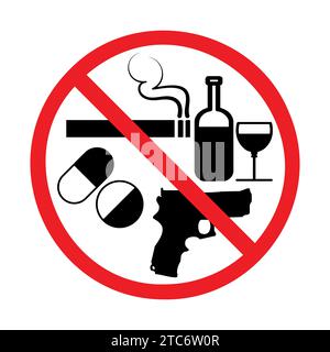 Vector No smoking, no drugs, no alcohol, no weapons prohibition sign symbol. Stock Vector