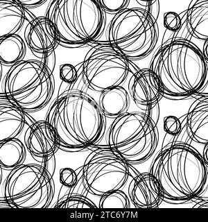 Grunge rounds seamless pattern with hand drawn circles and loops. Ornament for printing on fabric, cover and packaging. Simple black and white vector Stock Vector