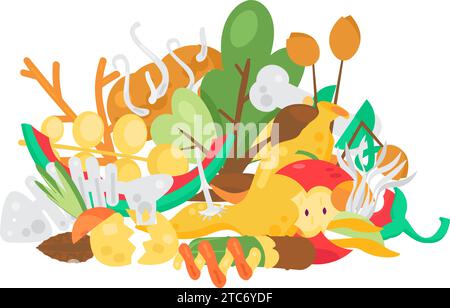 Old spoiled rotten food piled up in big pile. Heap of old rotten food. Organic waste pollution problem. Simple cartoon vector concept isolated on whit Stock Vector