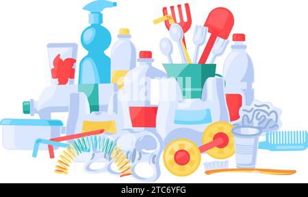Old unwanted plastic and polyethylene everyday items piled up in big pile. Heap of old household plastic. Nylon waste pollution problem. Simple cartoo Stock Vector