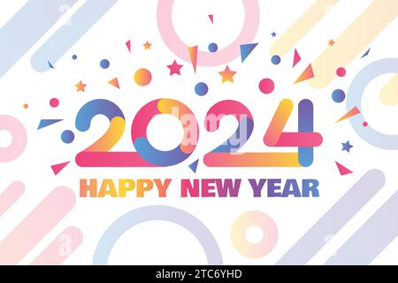 Horizontal Neon Happy 2024 New Year A4 Holiday poster in neon glow colors with 2024 inscription. Template for printing, announcement poster for inviti Stock Vector