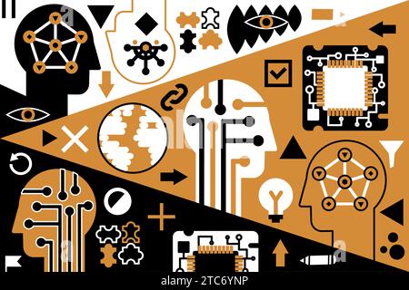 AI geometric pop art poster in boho colors with silhouette of human face, microcircuits, topology of computer chips and microprocessors. Template for Stock Vector