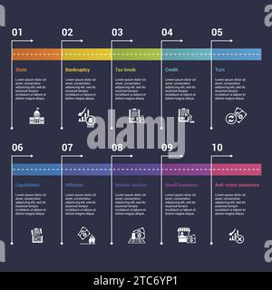 Infographics with Crisis theme icons, 10 steps. Such as state, bankruptcy, tax break, credit and more. Stock Vector