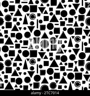 Grunge Geometric seamless pattern with hand drawn circles, triangles, squares. Ornament for printing on fabric, cover and packaging. Simple black and Stock Vector