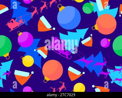 Christmas seamless pattern with Santa Claus, fir trees and Christmas balls. Santa Claus is flying in a sleigh with reindeer. Santa's sleigh. Xmas desi Stock Vector