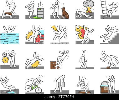 Fall icons. Caution accident, slip work trip or staircase yellow safety ...