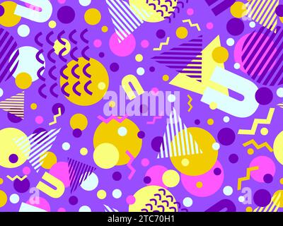 80s seamless pattern with geometric shapes in memphis style. Circles and triangles. Colorful abstract background for printing on promotional items, ba Stock Vector