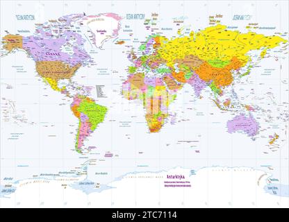Political world map Polish language Miller projection Stock Vector