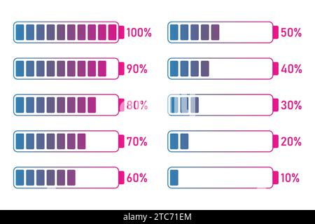 10 to 100 percentage infographics full battery charge, energy level, progress, growth, power vector sign symbols. Stock Vector