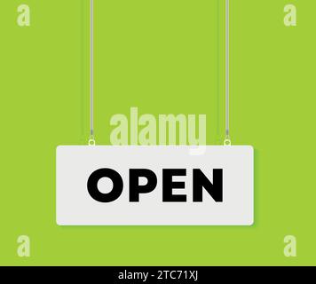 Vector illustration of open a hanging sign on a colorful lemon green background. Stock Vector