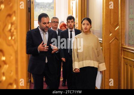 Oslo 20231211.The Peace Prize winner's family visits the President of the Norwegian Parliament. Taghi Rahmani (husband), Kiana Rahmani (daughter), Ali Rahmani (son) visit Parliament President Masud Gharahkhani. Photo: Ole Berg-Rusten / NTB / POOL Stock Photo