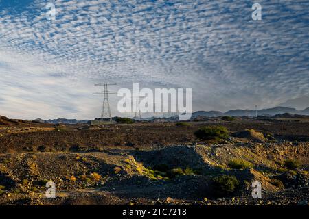 Big Transmission Electrical Post in Desert. Stock Photo