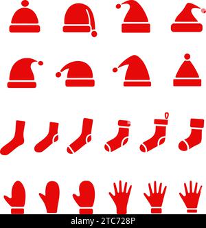 Christmas hat, sock, mitten icon. Holiday knitted accessories set. Happy New Year vector illustration. Stock Vector