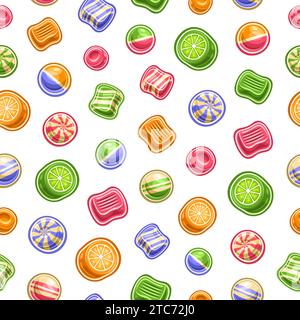 Vector Candy Seamless Pattern, repeat background with illustrations of different colorful fruit candies and bubble gums for child bed linen or wrappin Stock Vector