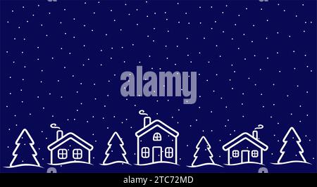 Christmas background with house, fir trees and snowfalls. Holiday card or greeting card. Happy New Year vector illustration. Stock Vector